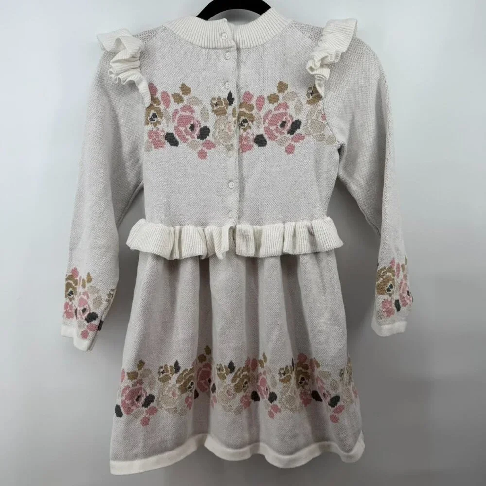 Janie and Jack Girl Cream and Sugar Floral Sweater Dress Size 10 Ruffle Details - Picture 5 of 5